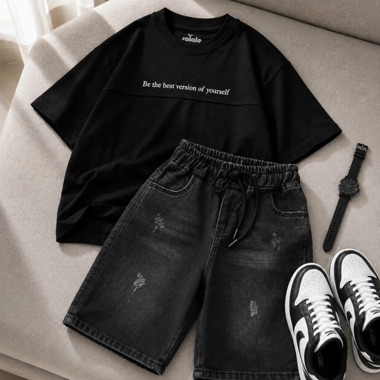 ست تیشرت و شلوارک پسرانه، تیشرت یکروپنبه مشکی سایز 45 تا 60 پسرانه. شلوارک پسرانه جین ذغالی